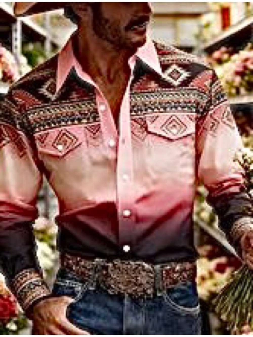 🆕Men's Pink Ombre Western Shirt with Printed Yoke. Size XXL. NWT.